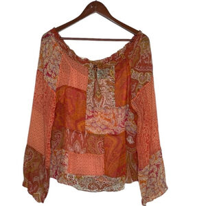 ECI New York Silk Peasant Blouse Medium Paisley Boho Semi Sheer